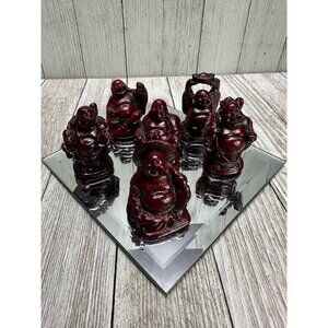 Vtg Chinese Buddha Carved Figurines and Mirror Sculpture Statue Set Of 6